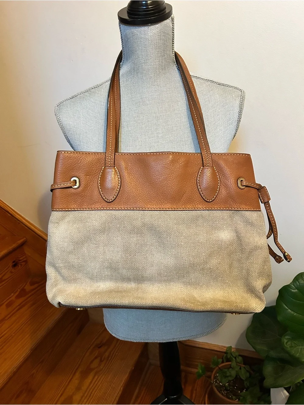 Michael Kors Brown Leather & Beige Canvas Tote